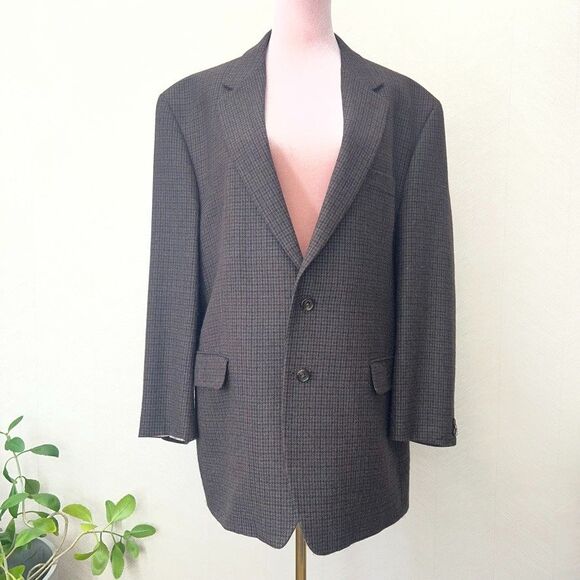 Lauren Ralph Lauren Notch Lapel Wool Houndstooth Brown Blazer Coat Mens Size 46R - Picture 1 of 13